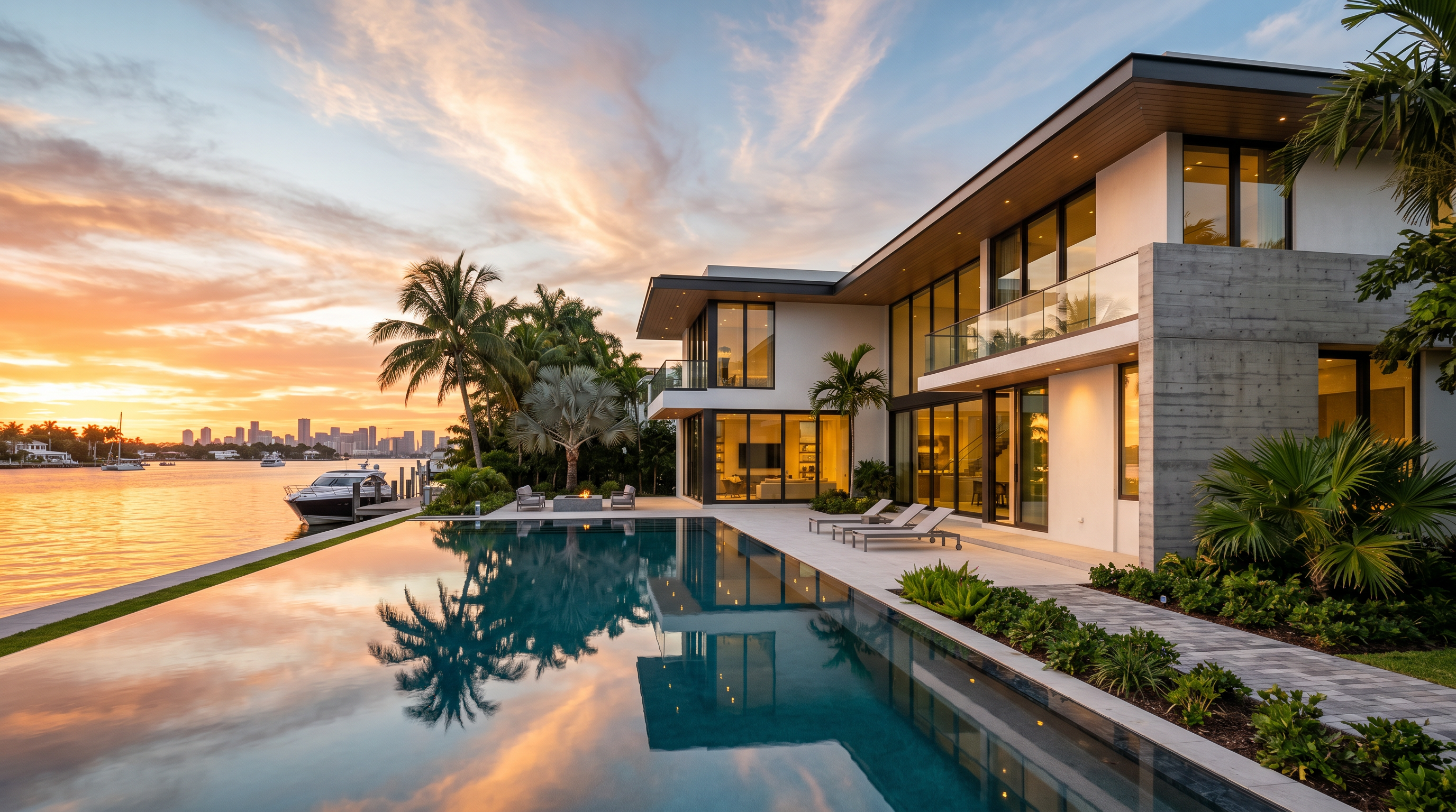 Modern South Florida custom waterfront home at golden hour