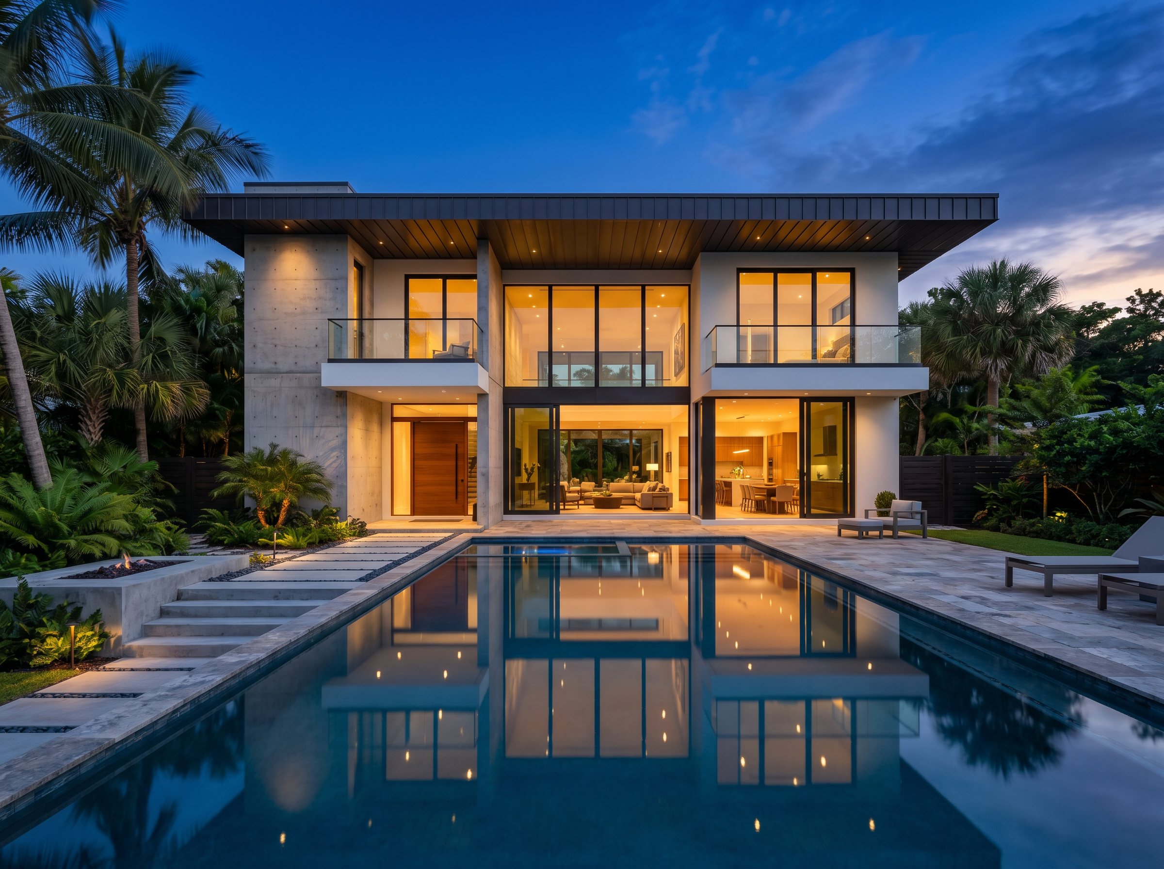 Finished modern custom home at dusk with reflecting pool