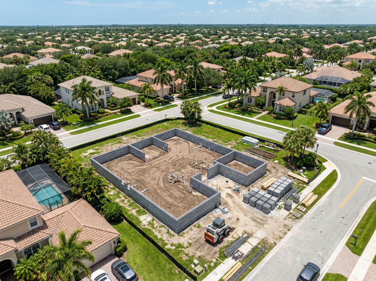Aerial view of residential foundation with rebar grid