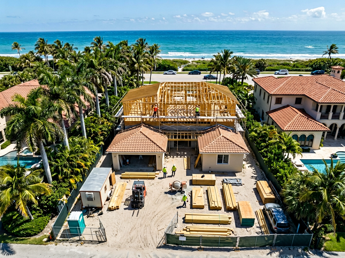 Custom home addition with framing and existing structure visible