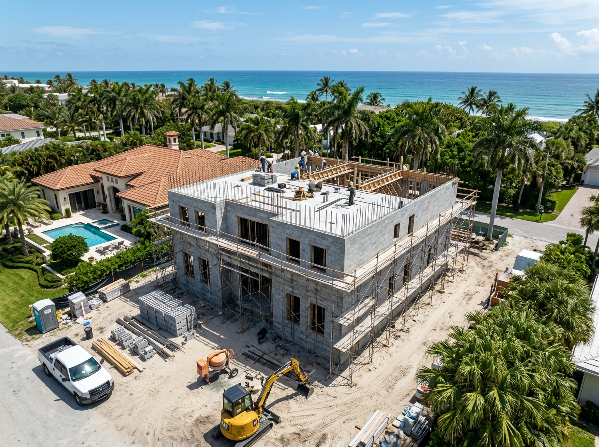 Two-story CMU block residential home mid-construction